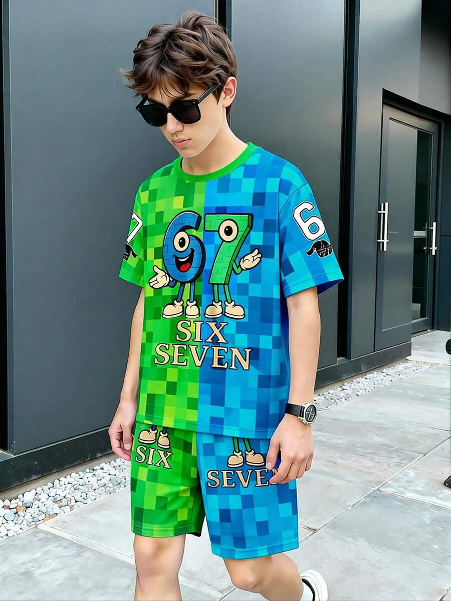 青少年男童数码印花67号短袖T恤短裤套装,休闲舒适春夏装,适合户外、运动、野餐、街头摄影、度假等场合,亦可作为礼物。 - 彩色 - 查看 1