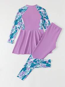 SHEIN Teen Girls Tankini Bikini Set,Pink,Summer,Beach,Holiday,Holiday,Lavender Purple Tropical Floral Leaf Raglan Sleeve Crew Neck Front Zipper Shorts 2pcs - Purple - View 2