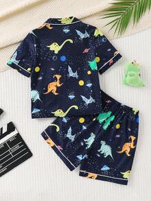 SHEIN Piyama Rajut Musim Panas Anak Laki-Laki 2 Potong Motif Dinosaurus Kartun Lucu Bercahaya, Cocok untuk Musim Semi dan Musim Panas di Rumah - MultiWarna - View 4
