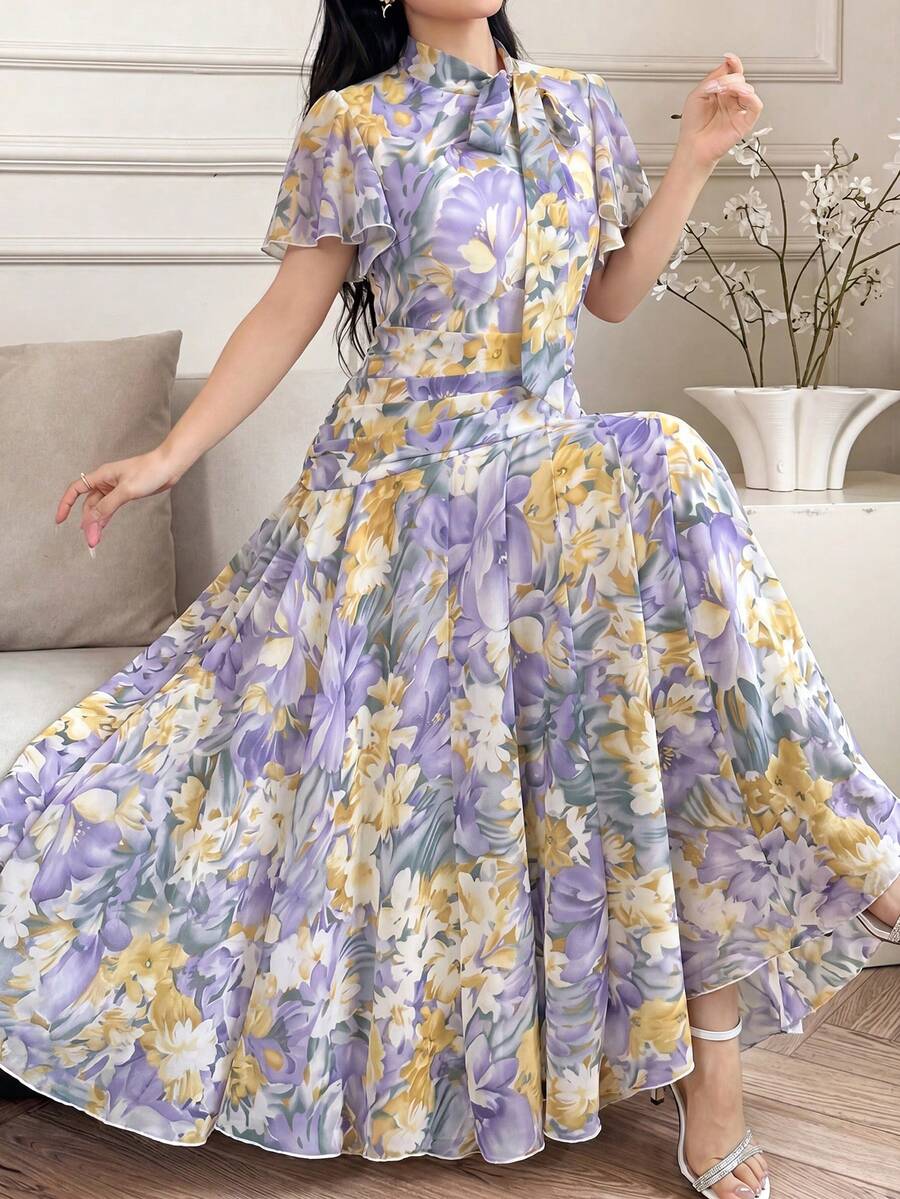 Modelyn Women's Ruffle Collar Tie Waist Flare Hem Dress With Puff Sleeves - Purple - View 1