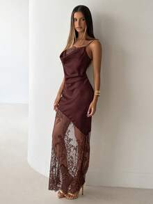 Aloruh Vestido longo feminino sexy com decote profundo em renda transparente e detalhes em patchwork, alças finas e acabamento elegante. - Café - Ver 6