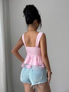 Selianne Soft Pink Summer Elegant Party Urban Chic Women's Puff Sleeve Contrast Ruffle Textured Fabric Blouse,Daily Wear,Wedding Guest,Commute,Holiday Tops - Pink - View 2