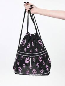 ROMWE Tas Serut Grimace Horor Y2K - Ransel Saku Bermotif Renda Warna Pink Gothic untuk Sekolah, Komuter, Halloween, dan Penggunaan Sehari-hari - Ringis merah muda - View 13