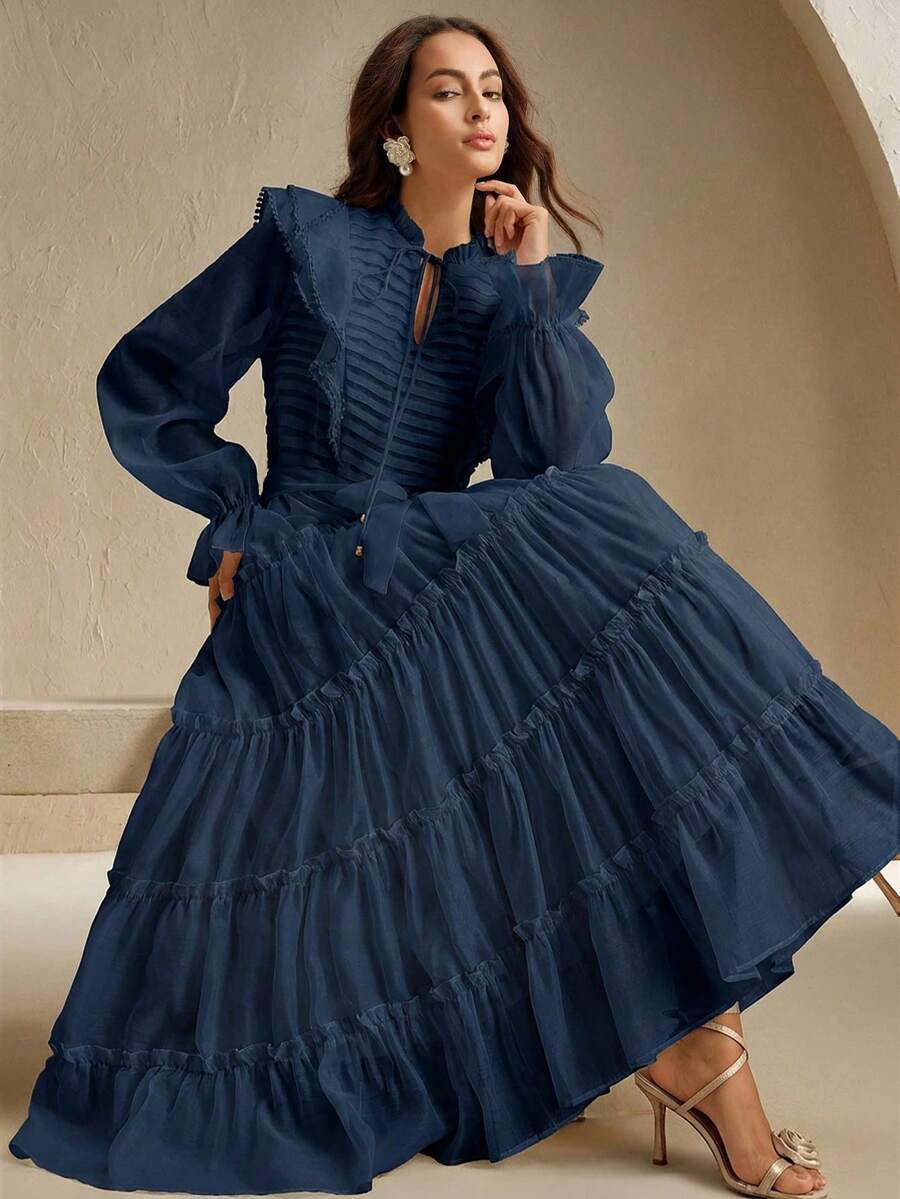 Anewsta Elaire Vestido elegante con volantes de encaje floral en el bajo, adecuado para otoño, invierno, primavera, Año Nuevo, fiesta, boda, elegante, con estilo, formal, trabajo, Acción de Gracias, graduación, Navidad, festival - Azul Marino - Ver 1