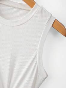 Everyssa Knitted Ribbed Crew Neck Casual Metallic Decor Design Retro Commuter Elegant Slim Fit Women Tank Top, Spring/Summer - White - View 7