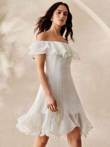 BELROSIE Women's New Solid Color Ruffled Elegant French Textured Chiffon Off Shoulder Hem Insert Dress - White - View 4