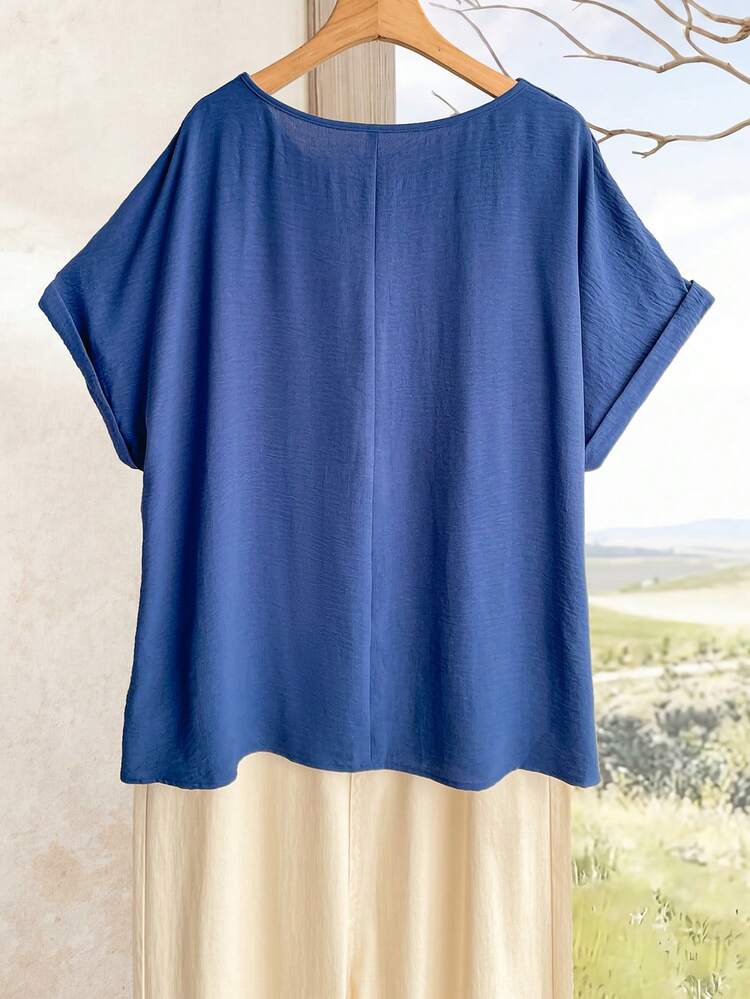 Plus Size Women's Solid Color Round Neck Short Sleeve Button Design Casual Shirt