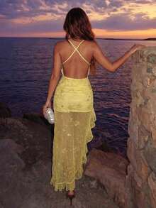 SHEIN Allurite French Retro Yellow Summer 70s Holiday Night Party Embroidered Mesh Draped Neck Spaghetti Strap Backless Slim Irregular Ruffle Hem Elegant Dress - Yellow - View 2