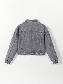 SHEIN 少女休闲牛仔外套，柔软棉质，宽松版型，时尚百搭，舒适百搭，简约百搭风格，前口袋设计，休闲版型，经典浅灰色，适合日常穿着和度假，四季皆宜。 - 淺灰色 - 查看 2