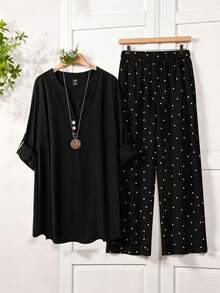 Rusticease Casual Minimalist Polka Dot Pattern Top And Loose Wide-Leg Pants 2 Pieces Set, Suitable For Spring/Summer, Office, Travel, Plus Size Fall - Black - View 4