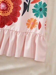 Sparklyn Girls' Dress Pink Floral Summer Boho Cute Party,Vintage Colorful All-Over Print,Small Ruffle Sleeves,Red Bow Back,Loose Straight Silhouette,Vacations - Multicolor - View 7