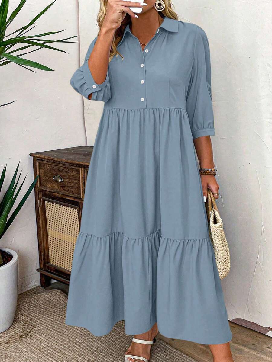 SHEIN LUNE Plus Size Solid Color Mid-Length Sleeve Ruched Front Button Simple Casual Dress, For Thanksgiving Maxi Women Outfit Fall - Dusty Blue - View 1