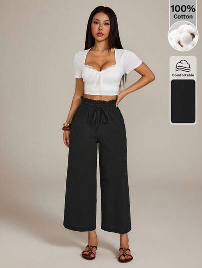 SHEIN PETITE Quần nữ cạp chun, có dây rút, dáng rộng, thoải mái, thích hợp cho mùa hè và mùa đông, màu đen. Quần đen casual, quần đen mùa xuân.