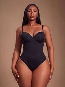 Radiana Plus Size Women's Solid Color Sleeveless Bodysuit - Black - View 4