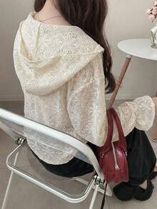 FRIFUL Blusa holgada con capucha de encaje para mujer, otoño - Albaricoque - Ver 2