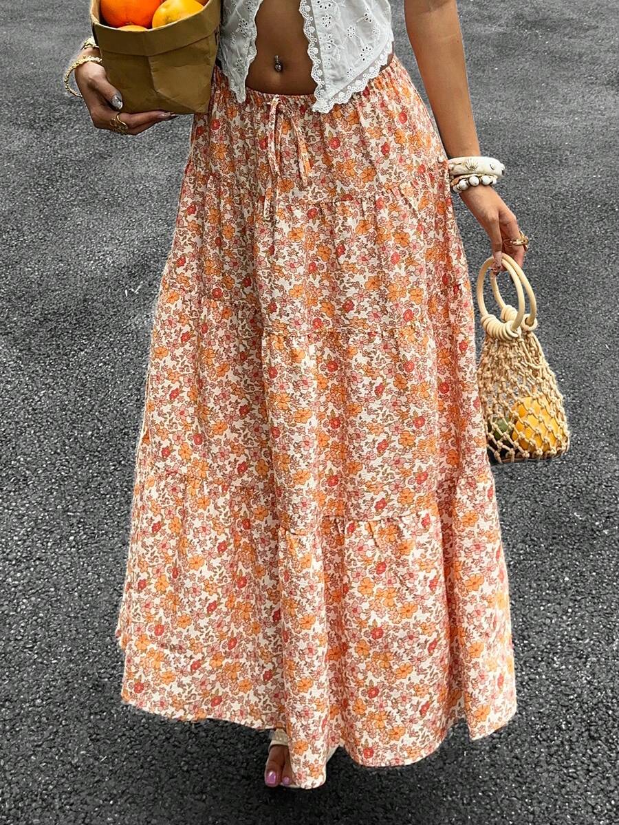 SHEIN EZwear 碎花编织女士休闲度假荷叶边半身裙 - 彩色 - 查看 1