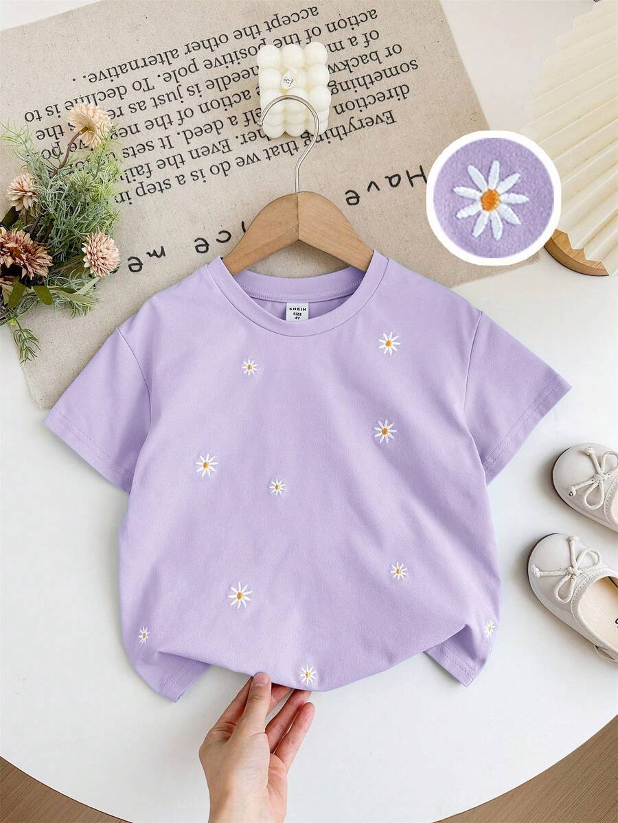 SHEIN LMoss Kids Young Girl Embroidered Loose Fit Crew Neck Casual T-Shirt - Mauve Purple - View 1