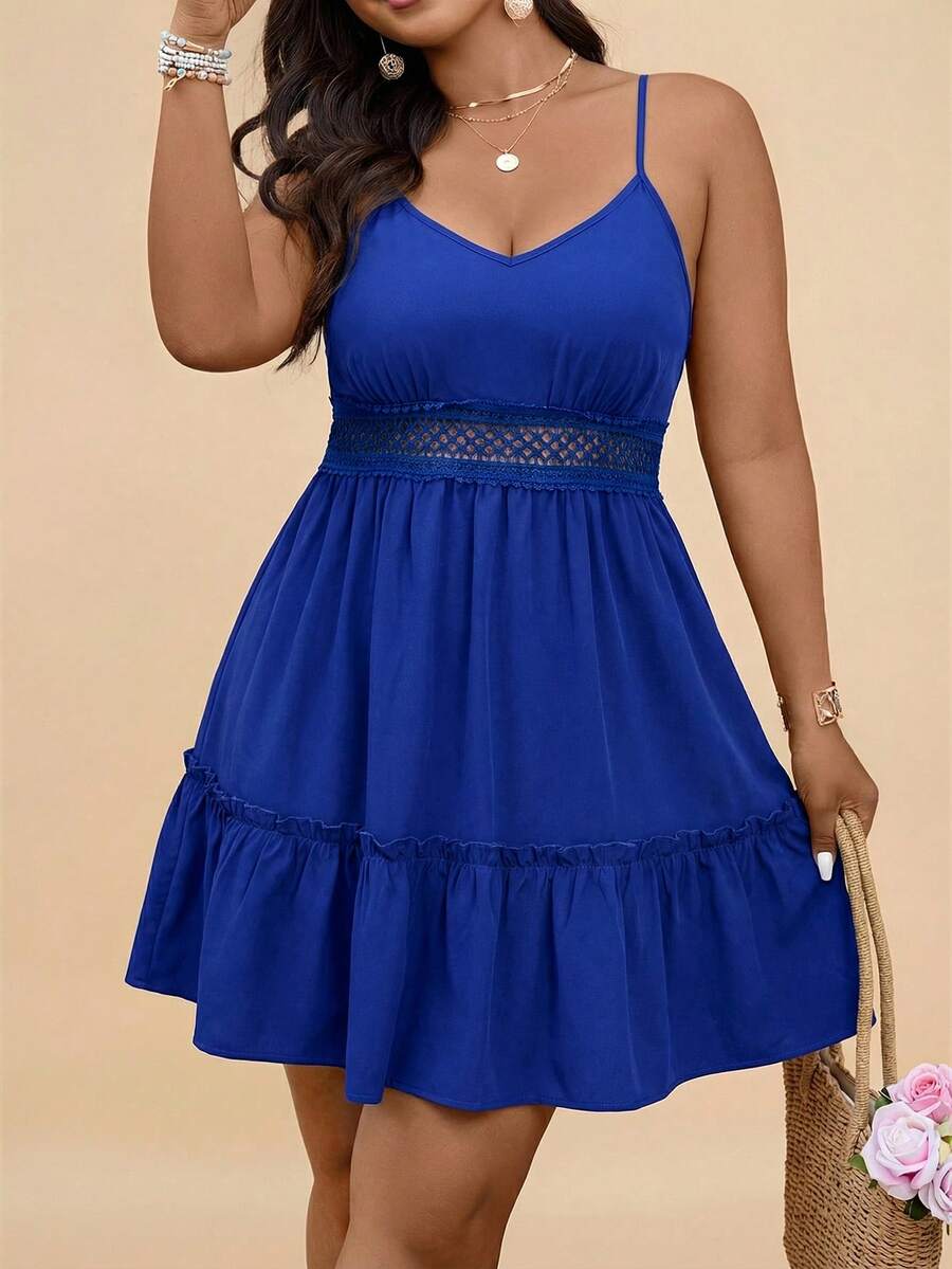 Travachic Plus Size Women Summer Solid Color Backless Spaghetti Strap Short Dress - Blue - View 1