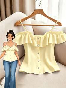 GlowEve CURVE Elegant Ruffled Off-Shoulder Blouse For Plus Size Women - Light Yellow - View 1