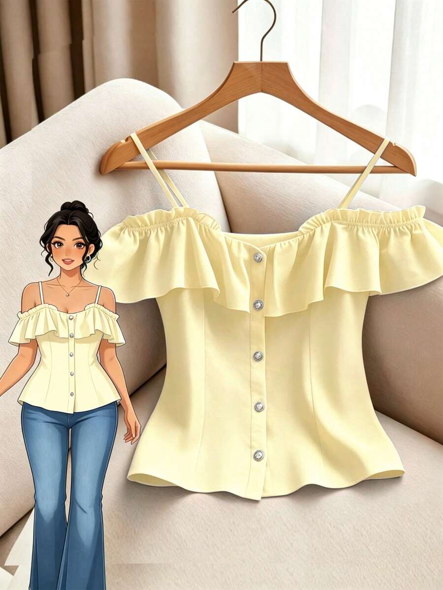 GlowEve CURVE Elegant Ruffled Off-Shoulder Blouse For Plus Size Women - Light Yellow - View 1