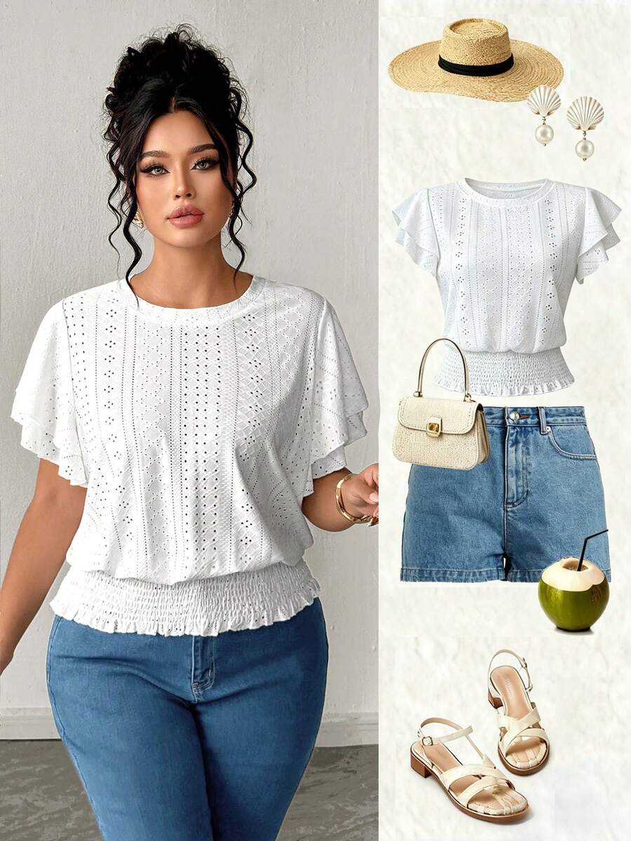 Elenzga Blouse bohème d'été blanche en soie pour femmes grandes tailles, vacances et congés, avec broderie ajourée, manches volantées doubles couches, ajourée et ourlet élastique - Blanc - Voir 1