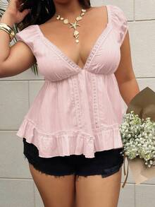 SHEIN SunnyBelle Áo kiểu nữ cỡ lớn, màu trơn, phối ren, cổ chữ V sâu, thích hợp cho kỳ nghỉ. - Hồng - Xem 8