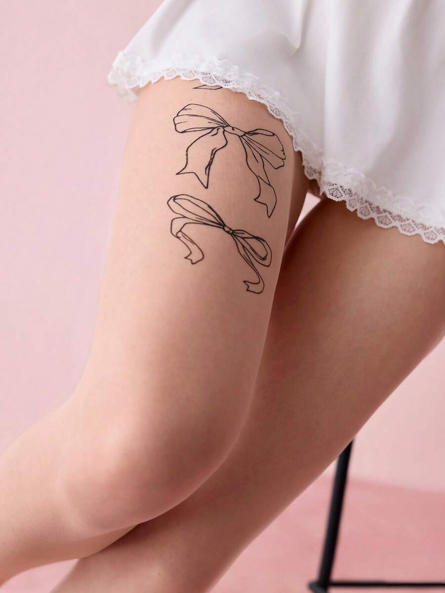 1pc Women's Printed Sheer Pantyhose With Bowknot Detail, Spring/Summer - Apricot - View 1