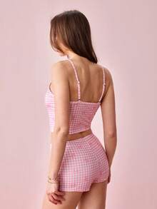 Bonmuse Pink Plaid Bow Print Decor White Button Casual Fashionable Slim Fit Pajama Setfor Summer - Pink - View 2