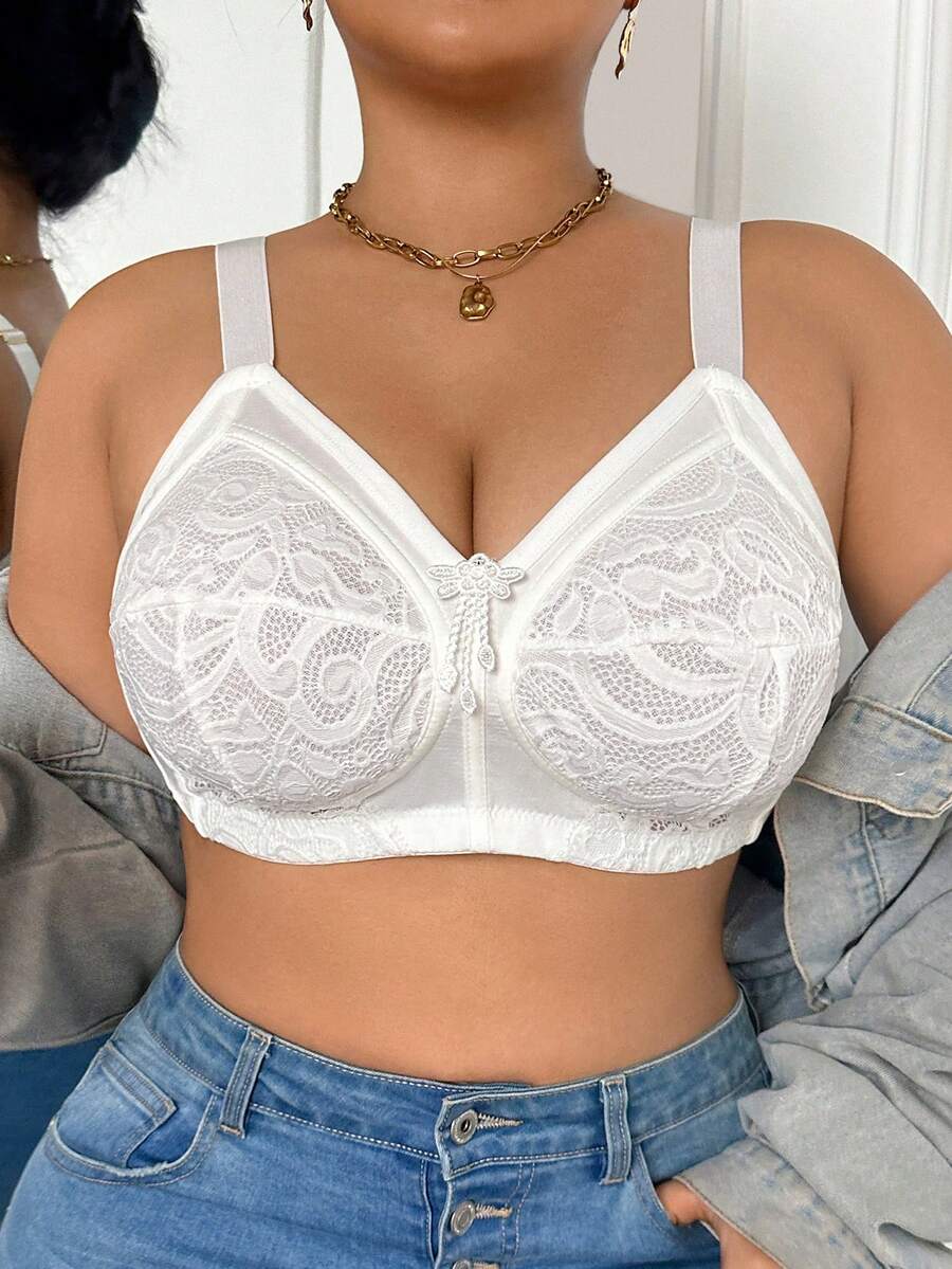 DesireSculpt Plus Size Lace Patchwork Wireless Bra White Summer - White - View 1