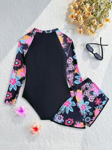 SHEIN Tween Girls Tankini Swimwear,Blue Summer Boho Beach Holiday Swim Holiday,Long Sleeve Rash Guard Set,Zipper 2pcs Modest Bathingsuit With Shorts,Pool - Multicolor - View 2