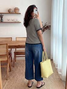 Enliva Áo thun nữ cỡ lớn kiểu Pháp thanh lịch cổ chữ V tay ngắn - màu đen - Xem 2