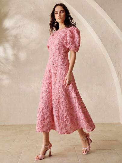 Aveloria Rosie 3D Floral Embroidered Hollow Out Dress, Exquisite 3D Embroidery Craft, Vintage Romantic Style, Suitable For Weddings, Parties And Formal Occasions, Puff Sleeve Design, Waist Shaping Elements, Mid-Length Skirt, Lightweight Lace Fabric, Elegant Elegant