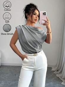 Elenzga Women's Elegant Solid Color Ruched Batwing Sleeve Blouse, Summer - Grey - View 8