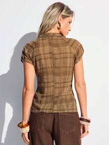 Aveloria GENKIRA Brown Plaid Ombre Print Chiffon Ruffle Drawstring V-Neck Tie Front Short Sleeve Blouse French Vintage Sexy Summer Vacation Boho Casual Fitted Work Top - Multicolor - View 5