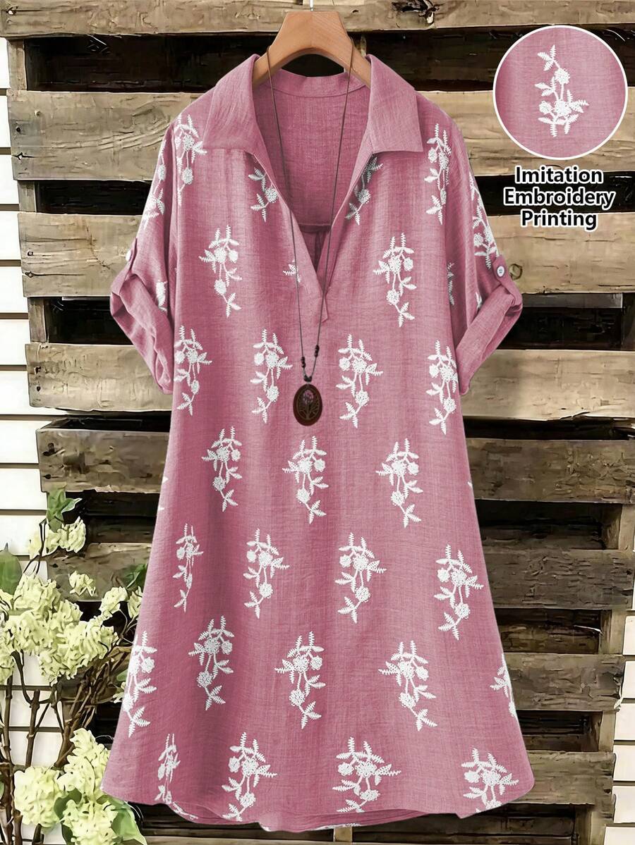SHEIN Franclia Plus Size Women's French Style Casual Elegant V-Neck Embroidered Floral Print Dress - Dusty Pink - View 1