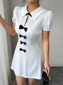 Selianne Abito elegante da donna con maniche corte e decorazione a fiocco - Bianco - Visualizzare 3