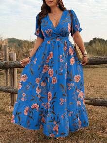 Ceyna Plus Size Elegant Floral Print Dress, Suitable For Spring/Summer - Navy Blue - View 4