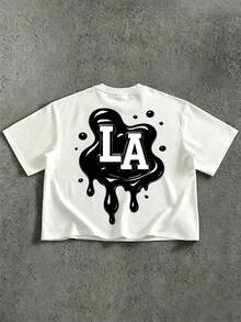 Manfinity EMRG Men's Cool Boxy White Cropped T-Shirt With Dripping LA Logo,Streetwear,Casual,Summer,City Break,Short Sleeve Tee Gift For Friends & Streetwear Lovers - White - View 2