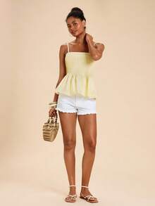 Travachic Áo camisole nữ màu trơn, thiết kế xếp ly, kiểu dáng thường ngày. - Màu vàng - Xem 7