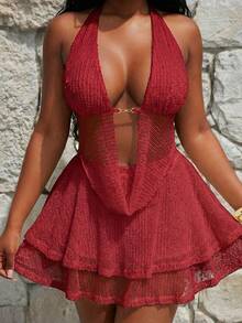 SHEIN SXY Plus Size Draped Neck Backless Top And Skirt 2 Pieces Set, Red Beach Vacation Summer Sexy - Burgundy - View 5