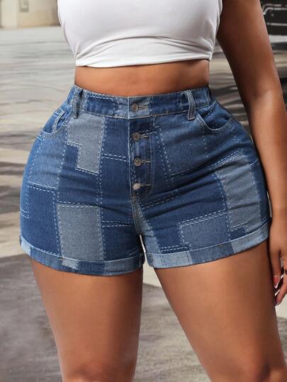 Slaydiva Pantalones cortos de mezclilla con parches de jacquard a cuadros, con botones delanteros, para vacaciones al aire libre de mujer talla grande, para primavera/verano