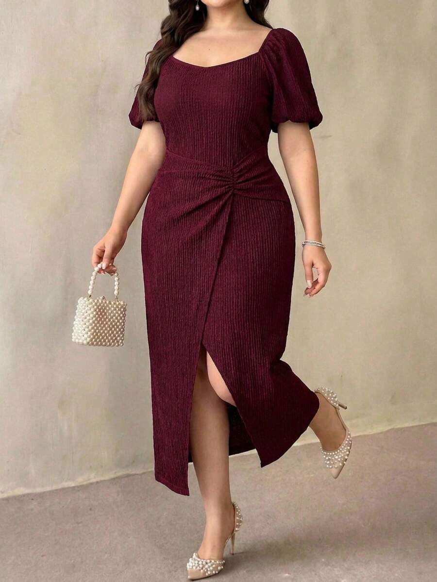 Modelyn Plus Size Women Solid Color Split Design Ruched Waist Elegant Party Dress - Burgundy - View 1