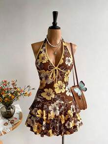 SHEIN MOD Đầm thời trang nữ in hoa, xếp tầng, bèo nhún, thắt eo, thích hợp cho kỳ nghỉ. - Nhiều màu - Xem 2