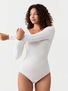 Loungeista Women's White Seamless Shapewear Bodysuit, Tummy Control And Butt Lifting, Long Sleevefor Summer - White - View 4