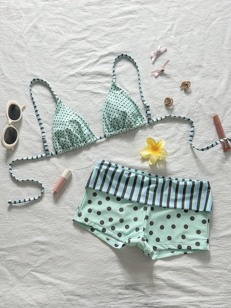 SHEIN Swim Mod Bộ bikini gợi cảm dành cho nữ, thích hợp cho kỳ nghỉ hè ở bãi biển, họa tiết sọc và chấm bi ngẫu nhiên, buộc dây phía trước và hở lưng. - Màu xanh Bạc hà - Xem 1