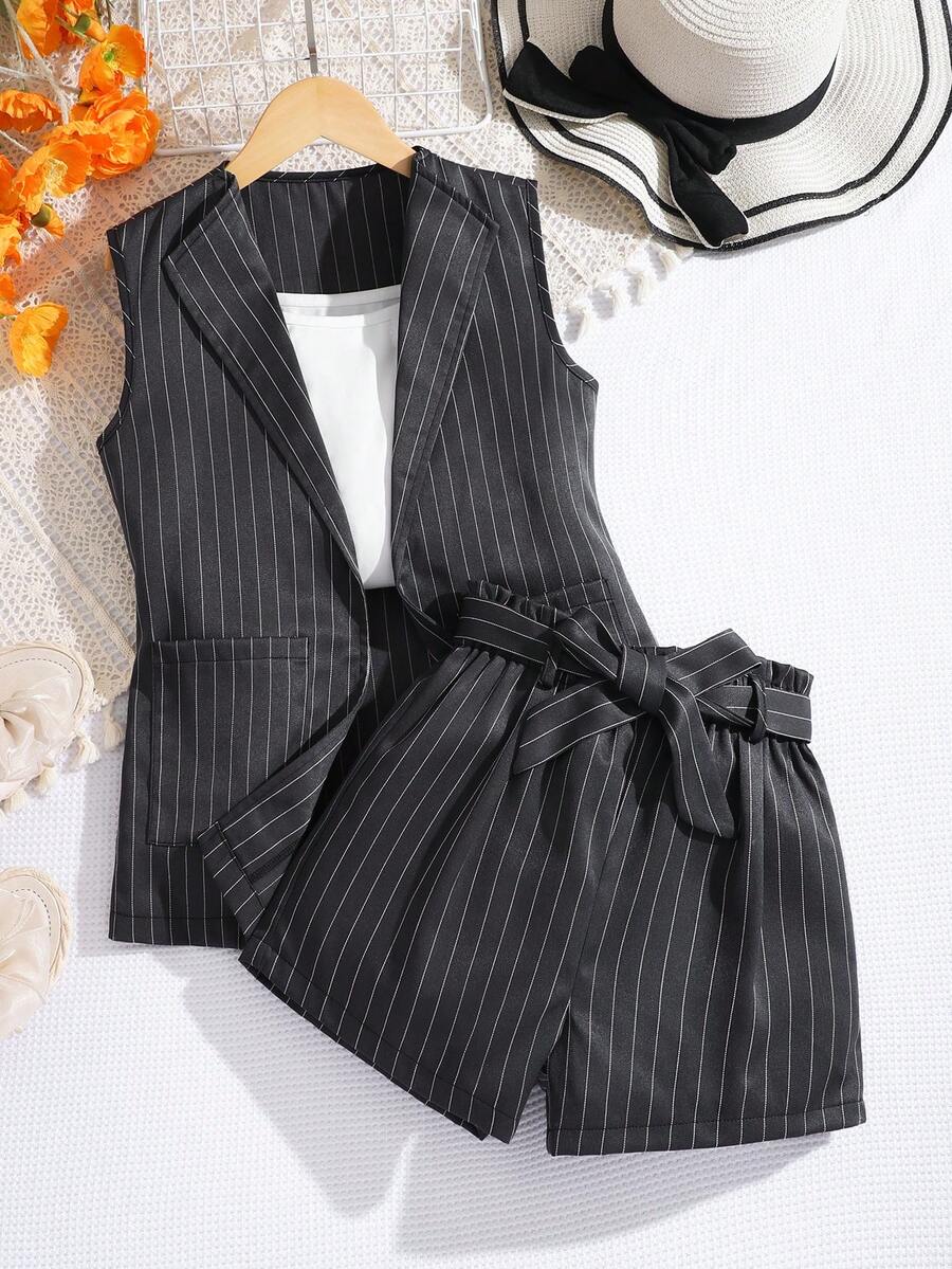 SHEIN 2件套少女无袖背心外套配蝴蝶结腰带和短裤休闲时尚套装,姐妹装(2套单独出售) - 彩色 - 查看 1