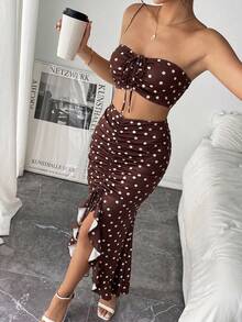 Pariaura Setelan 2 Potong Atasan Tube dengan Tali Serut di Depan dan Rok Belahan di Bagian Bawah Motif Polkadot Prancis, Musim Panas - Coffee Brown - View 4
