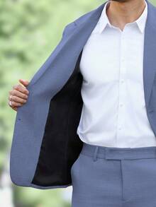 Manfinity Mode 男士簡約純色灰藍色西裝套裝 2 件組 亞麻面料 商務休閒 夏季婚禮穿搭 上衣與長褲 適合辦公室 贈送丈夫 儀式場合 - 霧霾藍 - 查看 6