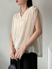 FRIFUL Camiseta casual de mujer de unicolor con doble capa de malla, para verano - Beis - Ver 5