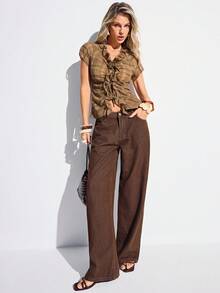 Aveloria GENKIRA Brown Plaid Ombre Print Chiffon Ruffle Drawstring V-Neck Tie Front Short Sleeve Blouse French Vintage Sexy Summer Vacation Boho Casual Fitted Work Top - Multicolor - View 2